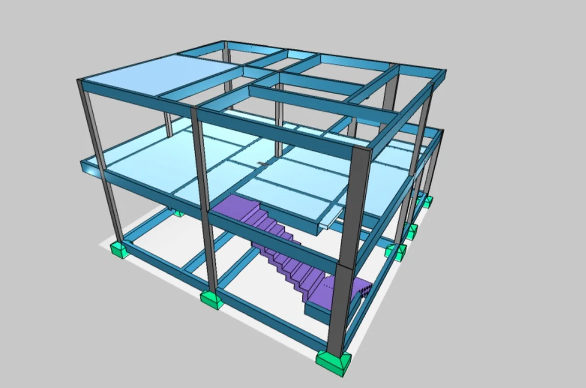 Modelo tridimensional do projeto estrutural: sapatas, pilares, vigas, lajes e escada de concreto armado.